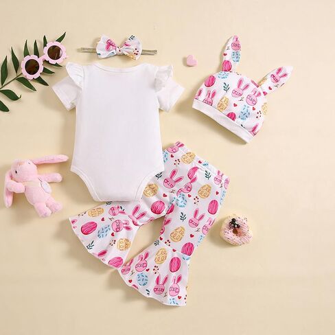 ملابس عيد الفصح للفتيات حديثي الولادة، ملابس عيد الفصح الأول المطبوعة عليها، سراويل واسعة على شكل بيضة مع قبعة أذن أرنب in Kuwait