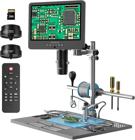 Andonstar AD249S-M Plus 10.1'' HDMI Soldering Digital Microscope for Electronics Repair, 2000x 3 Lens 2160P UHD Video Record, Soldering Microscope Station with Helping Hands, Slides, 32GB Card in Kuwait