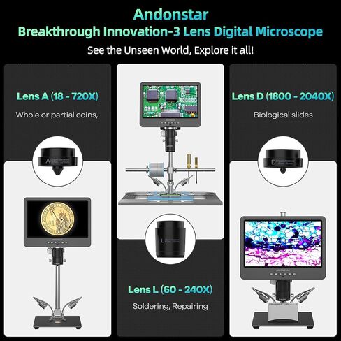 Andonstar AD249S-M Plus 10.1'' HDMI Soldering Digital Microscope for Electronics Repair, 2000x 3 Lens 2160P UHD Video Record, Soldering Microscope Station with Helping Hands, Slides, 32GB Card in Kuwait