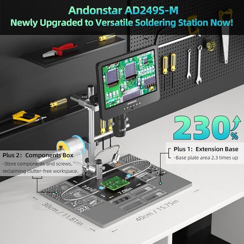 Andonstar AD249S-M Plus 10.1'' HDMI Soldering Digital Microscope for Electronics Repair, 2000x 3 Lens 2160P UHD Video Record, Soldering Microscope Station with Helping Hands, Slides, 32GB Card in Kuwait