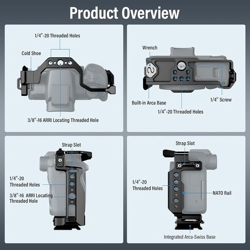 قفص كاميرا SIRUI لكاميرا Canon EOS R50، يأتي مع لوحة تحرير سريعة 2 في 1 لنوع Arca أو Manfrotto، قاعدة مدمجة من نوع Arca، حذاء بارد، سكة ناتو وفتحات ملولبة، AM-EOSR50 in Kuwait