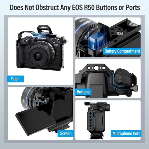 قفص كاميرا SIRUI لكاميرا Canon EOS R50، يأتي مع لوحة تحرير سريعة 2 في 1 لنوع Arca أو Manfrotto، قاعدة مدمجة من نوع Arca، حذاء بارد، سكة ناتو وفتحات ملولبة، AM-EOSR50 in Kuwait
