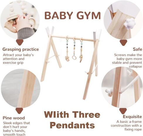 صالة ألعاب رياضية خشبية للأطفال مع 3 ألعاب حسية للأطفال قابلة للطي للعب الأطفال والأنشطة الرياضية بإطار معلق هدية لحديثي الولادة in Kuwait