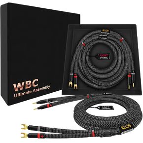 WORLDS BEST CABLES 12 Foot Ultimate - 7 AWG - Ultra-Pure OFC – Extra Premium Audiophile HiFi Speaker Cable Pair with Eminence Gold Banana (x2) & Spade (x2) Plugs & Carbon Tweed Jacket
