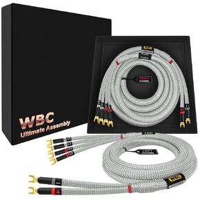 WORLDS BEST CABLES 3 Foot ULTIMATE - 9 AWG - Ultra-Pure OFC - Premium Audiophile HiFi Bi-Wire Speaker Cable Pair with Eminence Gold Spade Plugs & Silver Tweed Jacket