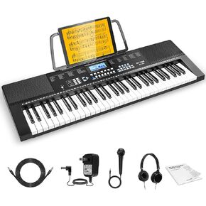 61 Key Piano Keyboard, Beginners Electric Piano Keyboard with 350 Tones, 350 Rhythms, 30 Demos, 3 Teaching Modes, LCD, Headphones, Music Rest, Microphone, Ideal for Kids, Black