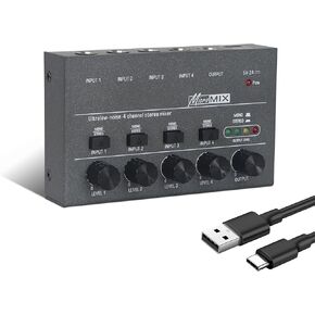 Horse Audio Mixer Line Mixer, 4-Channel Stereo Line Mixer for Sub-Mixing, Ultra Low Noise Operation, for Guitar, Microphone, Bass, Digital Keyboard, Suitable for Bar and Small Club, Gray