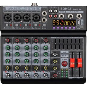 BOMGE 06A Professional 6 Channel DJ Audio Mixer, DJ Controller Sound Mixer with 99 DSP Effects,7-band EQ Independent 48V Bluetooth USB Interface Recording for Studio Stage Party Home Recording
