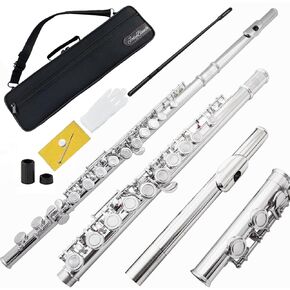 C Flutes AFL-100 Closed Hole 16 Keys Flute for Beginner Kids Student Flute Instrument with Cleaning Kit, Stand, Carrying Case, Gloves, Tuning Rod, Nickel