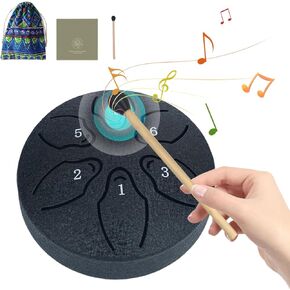 Steel Tongue Drum - 6 Inch 11 Notes, Rain Drum for Outside with Drum Bag, Music Book, Drum Mallets, Musical Education Entertainment Meditation Yoga Zen Gifts (Black)