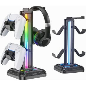 حامل سماعة رأس KDD RGB مع 9 أوضاع إضاءة - حامل وحدة تحكم للمكتب - حامل سماعة رأس قابل للدوران وخطاف تحكم قابل للفصل لملحقات سماعات الكمبيوتر (أزرق)