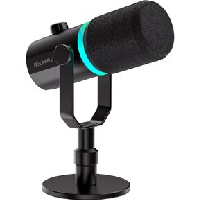 FEELWORLD PM1 XLR USB Dynamic Microphone with Desktop Stand for Podcast Recording PC Computer Gaming Live Streaming Vocal Voice-Over, Studio Metal Mic, RGB Light, Mute Button, Headphones Jack (Pink)