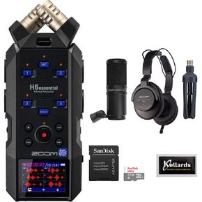 مجموعة مسجل الصوت المحمول Zoom H6essential 6-Track 32-Bit Float مع حزمة ميكروفون بودكاست Zoom ZDM-1، وبطاقة ذاكرة Ultra UHS-I microSDHC بسعة 32 جيجابايت، وحزمة تنظيف Kellards