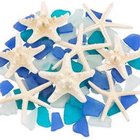 JQAQJU Starfish & Sea Glass for Crafts Coastal Decor Bulk Seaglass Pieces for Beach Wedding DIY Crafting Vase Filler Shells Tumbled Tropical Ornaments