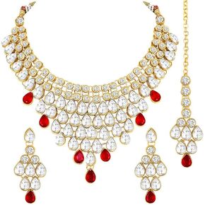 Aheli Exquisite Wedding Party Wear Faux Kundan Studded Necklace with Maang Tikka Set Indian Ethnic Traditional Jewellery for Women