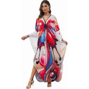 LOUSEA Women's Plus Size Swim Cover up Animals Print Caftan Dress Vneck Lightweight Kaftan Batwing Sleeve Beachwear Dress