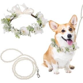 Dog Wedding Flower Collar with Pearls Beaded Leash,Elegant Dog Flower Headband,Dog Wedding Attire Wreath Bow,Pet Photo Prop