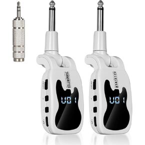 Wireless Guitar System with 16 Adjustable Frequencies, Rechargeable Wireless Guitar Transmitter Receiver for Guitar Bass Electric Instruments (White)