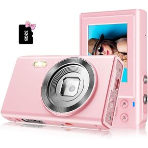 Digital Camera 1080P FHD Kids Digital Camera with 32GB Card,2 Batteries,Small Pink Digital Camera Vintage Digicam Old Photo Camera Gift for Children Teen Girl Boy
