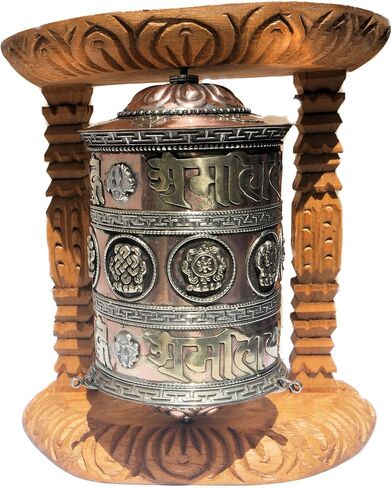 Large Tibetan Prayer wheel with wood frame 8 Auspiciouse symbol and Om Mane Pad mei hum, Hang it or sits in flat surface,handcrafted by Himalayan artisan in Nepal in Saudi Arabia