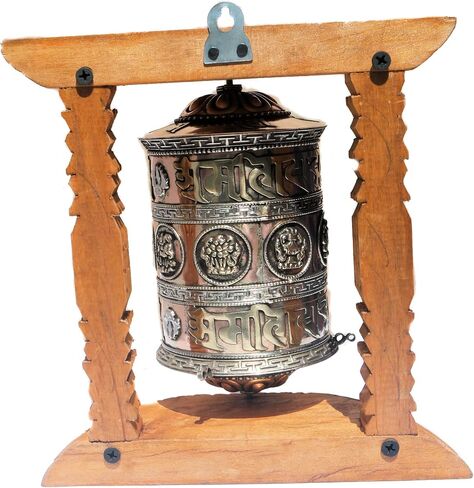 Large Tibetan Prayer wheel with wood frame 8 Auspiciouse symbol and Om Mane Pad mei hum, Hang it or sits in flat surface,handcrafted by Himalayan artisan in Nepal in Saudi Arabia