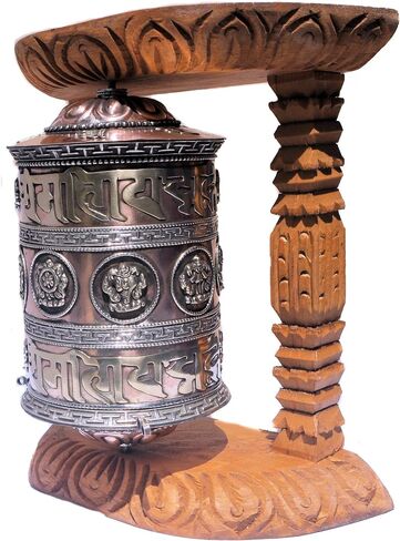 Large Tibetan Prayer wheel with wood frame 8 Auspiciouse symbol and Om Mane Pad mei hum, Hang it or sits in flat surface,handcrafted by Himalayan artisan in Nepal in Saudi Arabia