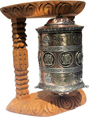 Large Tibetan Prayer wheel with wood frame 8 Auspiciouse symbol and Om Mane Pad mei hum, Hang it or sits in flat surface,handcrafted by Himalayan artisan in Nepal in Saudi Arabia