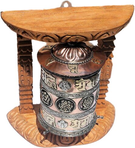 Large Tibetan Prayer wheel with wood frame 8 Auspiciouse symbol and Om Mane Pad mei hum, Hang it or sits in flat surface,handcrafted by Himalayan artisan in Nepal in Saudi Arabia