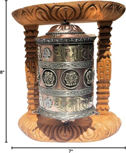 Large Tibetan Prayer wheel with wood frame 8 Auspiciouse symbol and Om Mane Pad mei hum, Hang it or sits in flat surface,handcrafted by Himalayan artisan in Nepal in Saudi Arabia