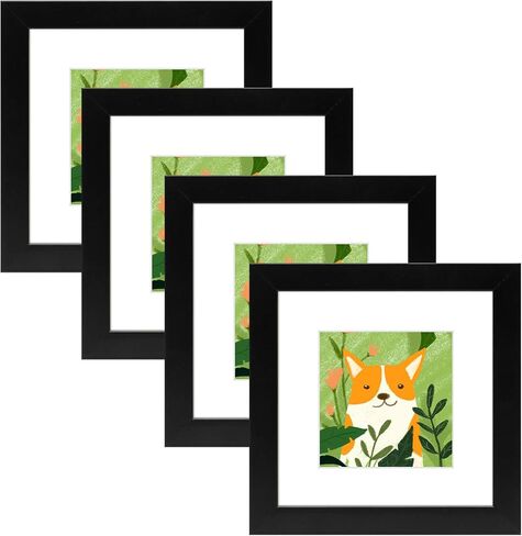 Golden State Art, 6x6 Black Photo Frame-Display Photos 4x4 with White Mat or 6x6 without Mat - Solid Wood, Real Glass, Set of 4 (Wall Display) in Saudi Arabia