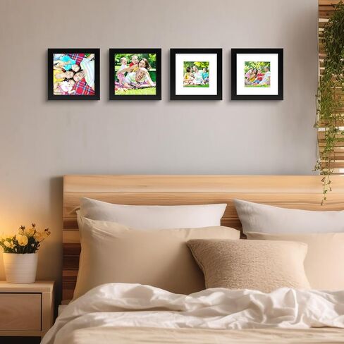 Golden State Art, 6x6 Black Photo Frame-Display Photos 4x4 with White Mat or 6x6 without Mat - Solid Wood, Real Glass, Set of 4 (Wall Display) in Saudi Arabia