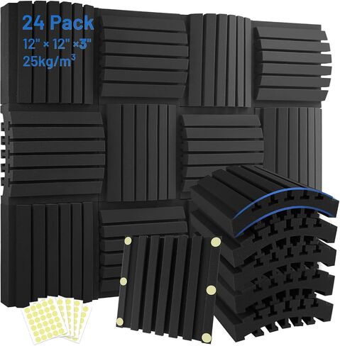 24 Pack Curved Acoustic Foam Panels 3" x 12" x 12" Sound Proof Foam Panels Soundproofing Noise Cancelling Wedge Panels for Home Office Recoding Studio with 330 PCS Double-Side Adhesive in Kuwait