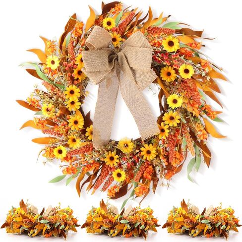 Dingion 22 Inch Fall Wreaths for Front Door Artificial Thanksgiving Wreaths with Burlap Bow Daisy Grain Berry Wreath Porch Decor for Home Farmhouse Autumn Harvest Festival Party Indoor Outdoor (3 Pcs) in Saudi Arabia