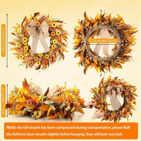 Dingion 22 Inch Fall Wreaths for Front Door Artificial Thanksgiving Wreaths with Burlap Bow Daisy Grain Berry Wreath Porch Decor for Home Farmhouse Autumn Harvest Festival Party Indoor Outdoor (3 Pcs) in Saudi Arabia