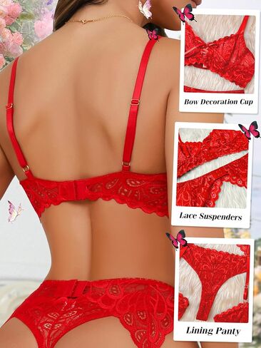 Sexy Lingerie for Women,3 Piece Lace Lingerie Set Bra and Panty Sets with Garter Belt Babydoll Teddy Lingerie in Kuwait