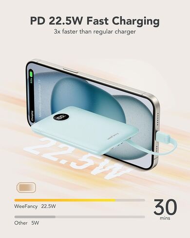 Mini Portable Charger with Built-in Cables 22.5W Fast Charging Power Bank USB-C Small Battery Pack 10000mAh Travel Essential Slim Battery for iPhone, Samsung, Android, and More in Saudi Arabia