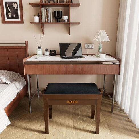 Adjustable Piano Bench - Solid Wood Keyboard Bench Wooden Piano Stool Padded with Cushion, Keyboard Stool (Black+Brown) in Saudi Arabia