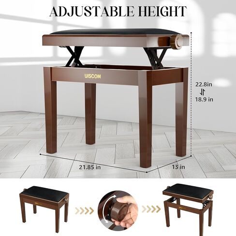 Adjustable Piano Bench - Solid Wood Keyboard Bench Wooden Piano Stool Padded with Cushion, Keyboard Stool (Black+Brown) in Saudi Arabia