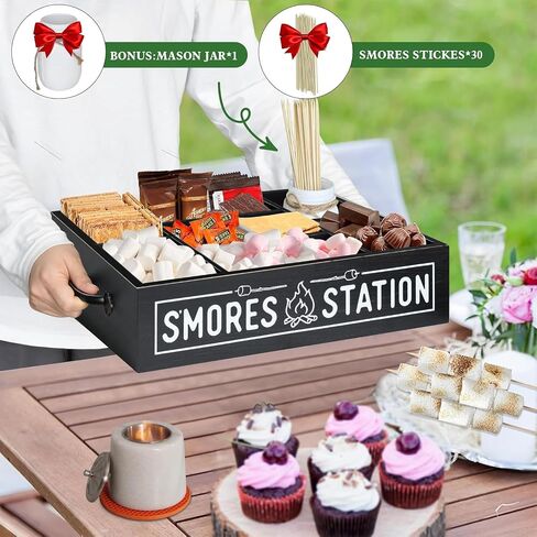 S'Mores Station With Mason Jar & Smores Sticks, S'mores Bar Holder with Handles, 8 Section Smores Caddy & Smores Accessories Organizer, Smores Maker Container for Fire Pit, Smores Serving Tray in Saudi Arabia
