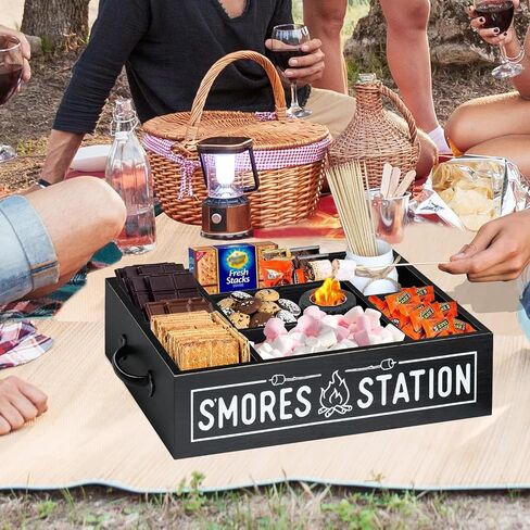 S'Mores Station With Mason Jar & Smores Sticks, S'mores Bar Holder with Handles, 8 Section Smores Caddy & Smores Accessories Organizer, Smores Maker Container for Fire Pit, Smores Serving Tray in Saudi Arabia