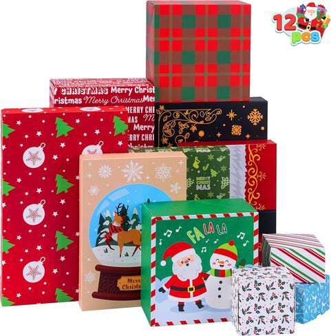 JOYIN 12 Pcs Christmas Stackable Gift Boxes Set with Lids, Xmas Nesting Box for Gift Wrapping Party Decor, Christmas Decorative Stacking Boxes with 4 Designs (1 Stanta,1 Snowman, 2 Elf Charcter) in Saudi Arabia