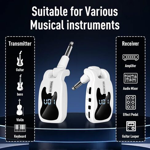 نظام جيتار لاسلكي مع 16 تردد قابل للتعديل، جهاز استقبال إرسال جيتار لاسلكي قابل لإعادة الشحن لأدوات الجيتار الكهربائية (أبيض) in Kuwait