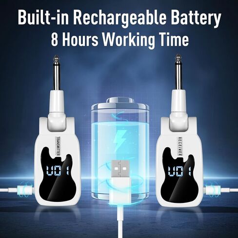 نظام جيتار لاسلكي مع 16 تردد قابل للتعديل، جهاز استقبال إرسال جيتار لاسلكي قابل لإعادة الشحن لأدوات الجيتار الكهربائية (أبيض) in Kuwait