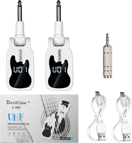 نظام جيتار لاسلكي مع 16 تردد قابل للتعديل، جهاز استقبال إرسال جيتار لاسلكي قابل لإعادة الشحن لأدوات الجيتار الكهربائية (أبيض) in Kuwait