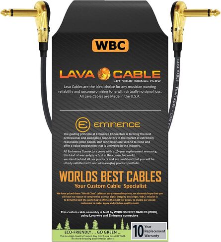 WORLDS BEST CABLES Lava Tightrope (أسود) - 11 بوصة - أداة تأثيرات جيتار باس، كابل تصحيح مع موصلات TS مطلية بالذهب الفاخر ¼ بوصة (6.35 مم) منخفضة الشكل بزاوية يمين من نوع الفطيرة in Saudi Arabia