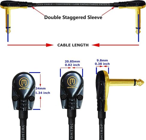 WORLDS BEST CABLES Lava Tightrope (أسود) - 11 بوصة - أداة تأثيرات جيتار باس، كابل تصحيح مع موصلات TS مطلية بالذهب الفاخر ¼ بوصة (6.35 مم) منخفضة الشكل بزاوية يمين من نوع الفطيرة in Saudi Arabia