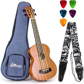Electric Acoustic Bass Ukulele, Horse 30 inch Sapele Professional Aquila EADG with Gig Bag Strap Picks for Beginner and Advanced