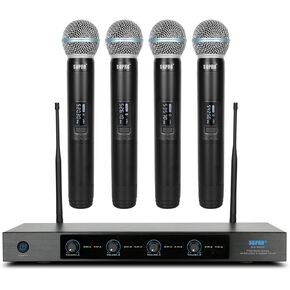 4-Channel Wireless Microphone System - 250Ft Range, Metal Mics & Receiver, Fixed Frequency Cordless Microphones Ideal for Events and Live Performance