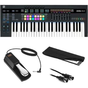 Novation SL MkIII 49-Note MIDI and CV Keyboard Controller/Sequencer with Sustain Pedal (Piano Style), Keyboard Cover & MIDI Cable Bundle
