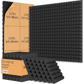 8 Pack Acoustic Foam Panels,12x12x2 inches Sound Proof Foam Panels for Walls, Fast Expand Pyramid Designed High Density Sound Panels Noise Reducing with Self-Adhesive(Black)